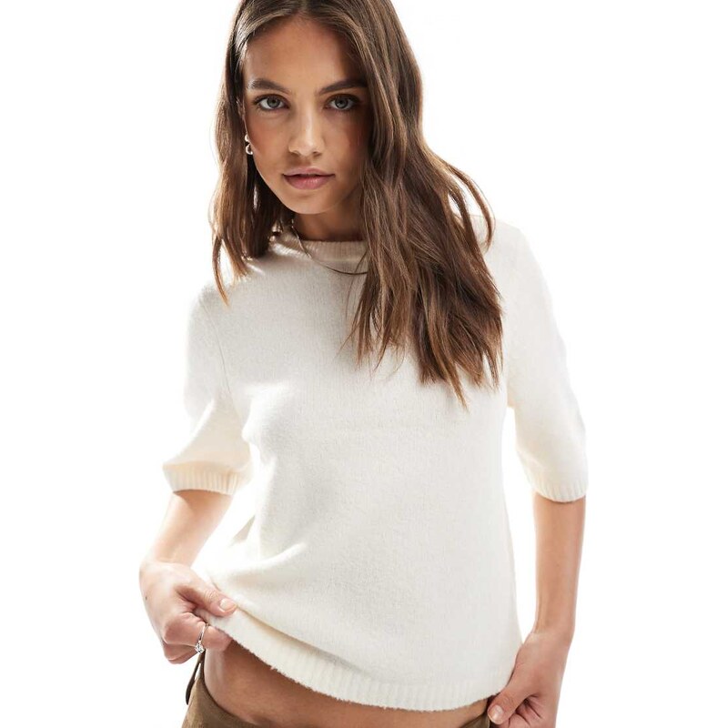 Vero Moda boxy fit soft knitted short sleeve top in cream
