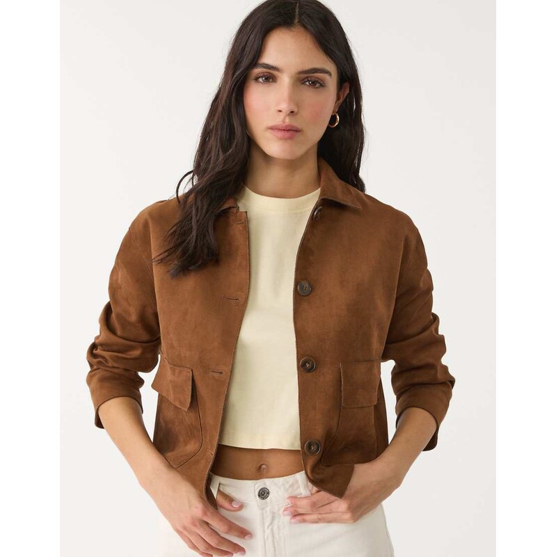 Stradivarius faux suede jacket with pockets in brown 107362917