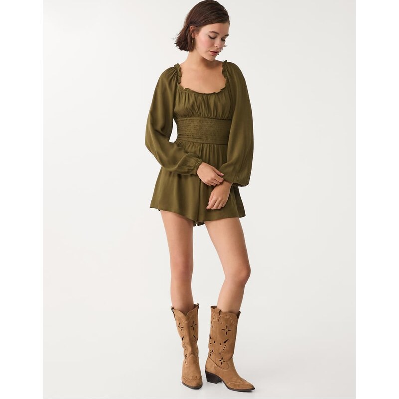 Stradivarius Flowing playsuit in khaki-Green
