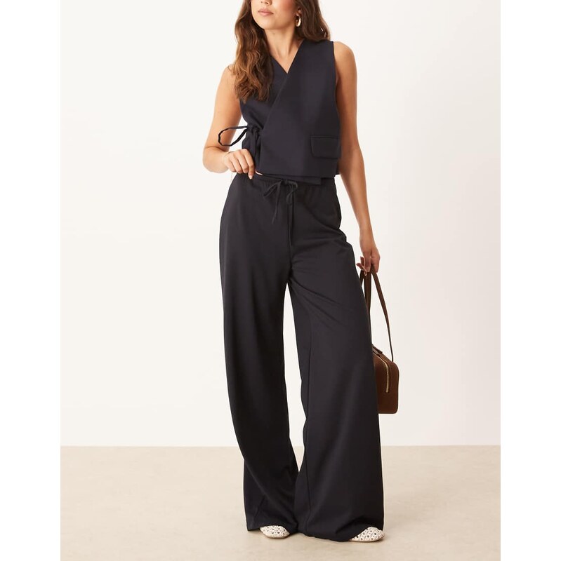 Mango straight leg tie front trouser in navy 108092851