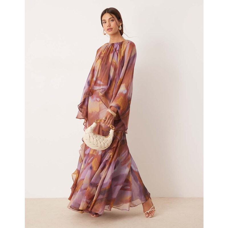 ASOS DESIGN trapeze overlay chiffon maxi dress with ruffles in purple 109620385