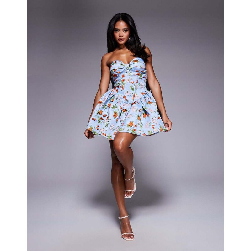 ASOS LUXE jacquard mini dress with corset and bow back in capri floral 107371945