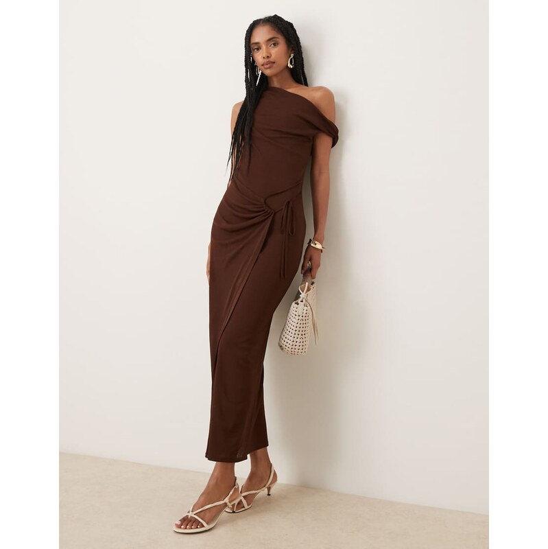 ASOS DESIGN onion skin fallen shoulder tie wrap midi dress in