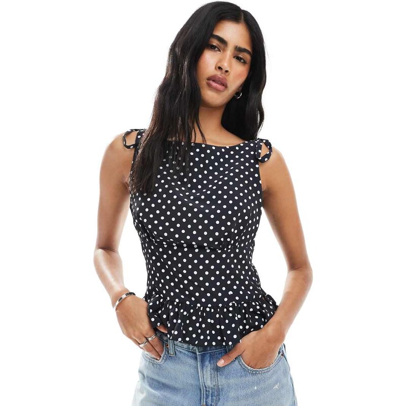 ASOS DESIGN tie shoulder cinched cami in polka dot-Multi
