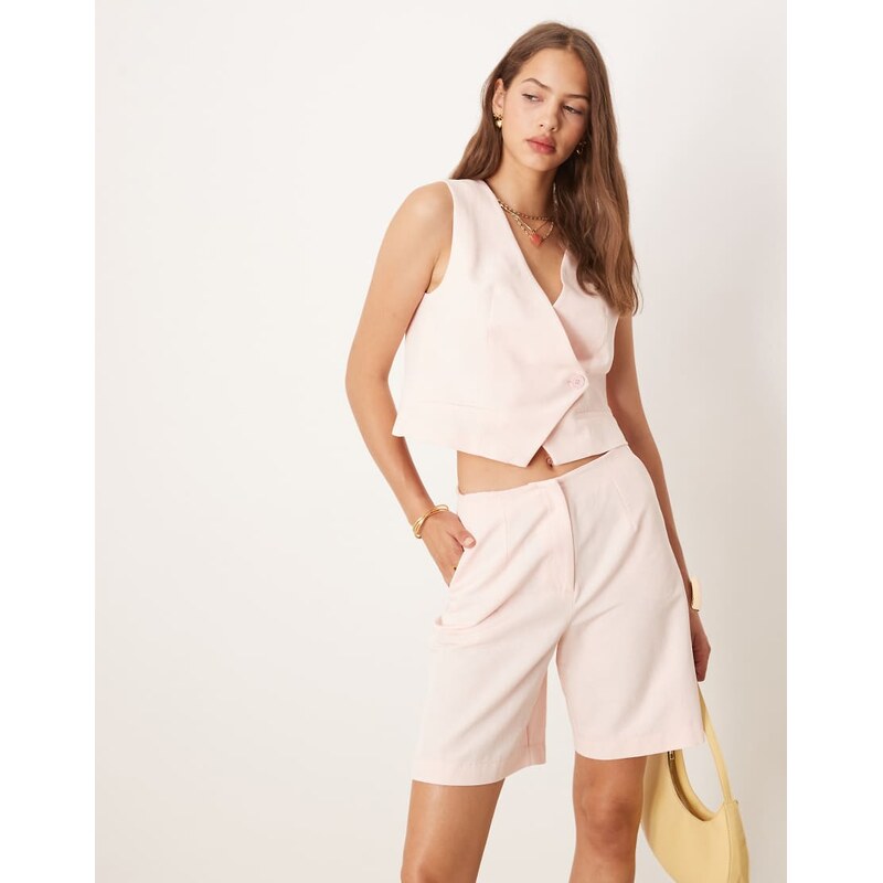 ASOS DESIGN linen blend asym wrap waistcoat co ord in pink