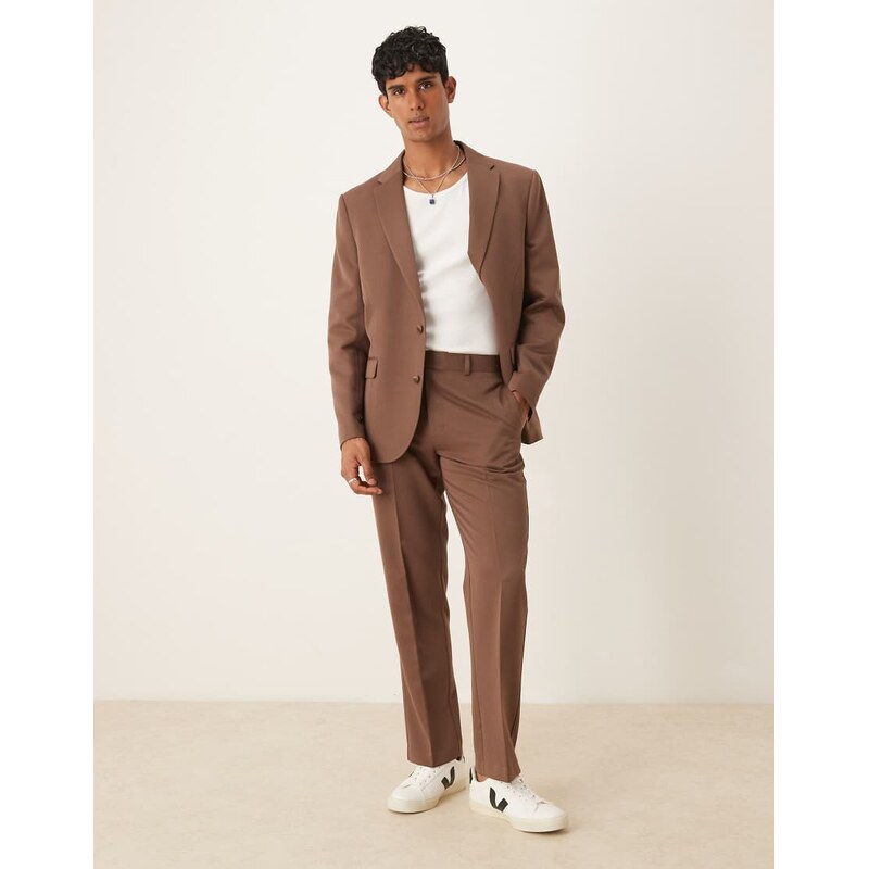 ASOS DESIGN straight leg suit trousers in brown with French seam
