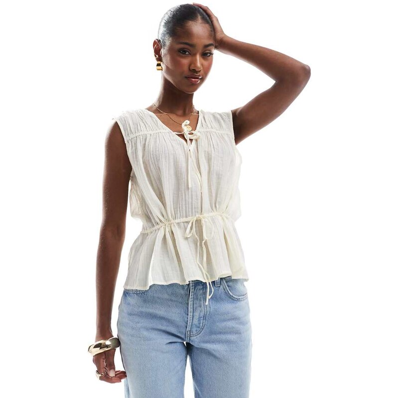 Object tie front ruched top in sand-White 107697579