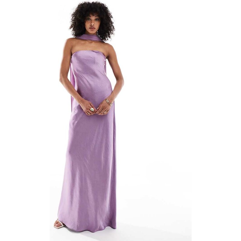 Six Stories Bridesmaid satin maxi dress with chiffon neck scarf in 107375391