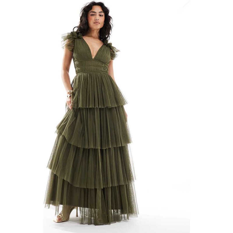Lace & Beads Bridesmaid ruffle tiered tulle maxi dress in deep