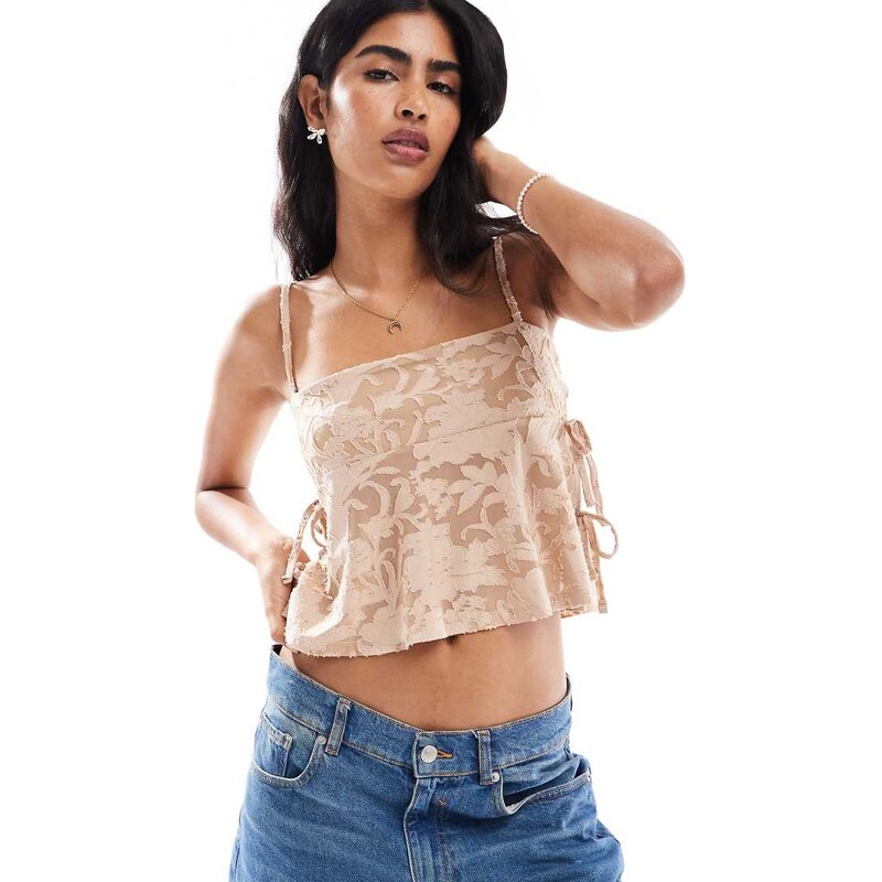 Miss Selfridge burnout textured boho cami top-Neutral