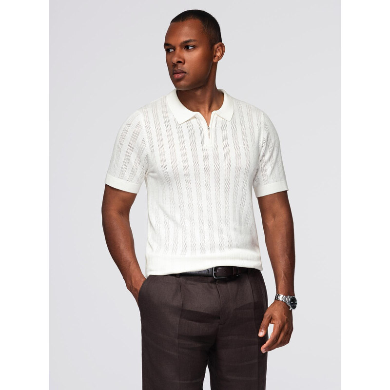 Ombre Mens openwork polo shirt with zipper at neckline - white