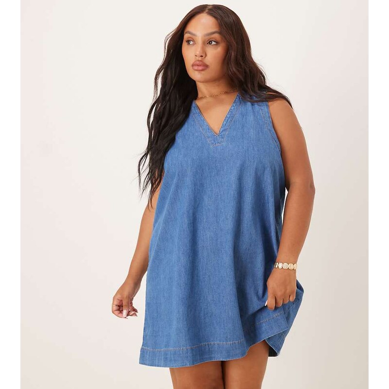 ASOS Curve ASOS DESIGN Curve denim v neck shift dress in mid blue 107401083