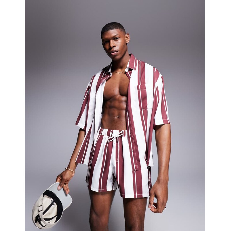 ASOS DESIGN co-ord boxy oversized shirt in white and burgundy