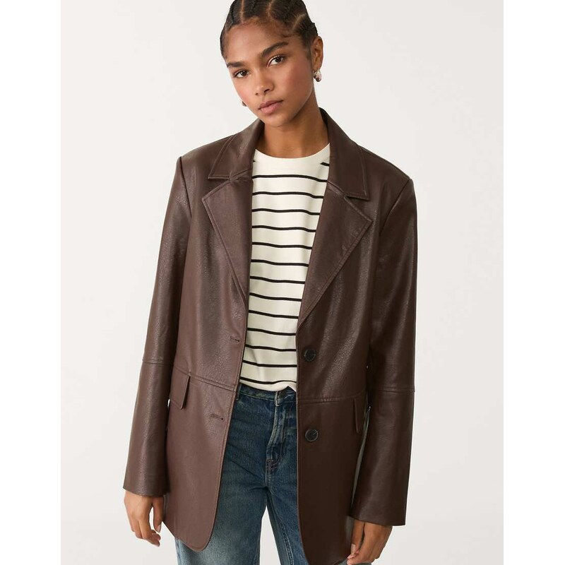 Stradivarius faux leather blazer in brown 107401114