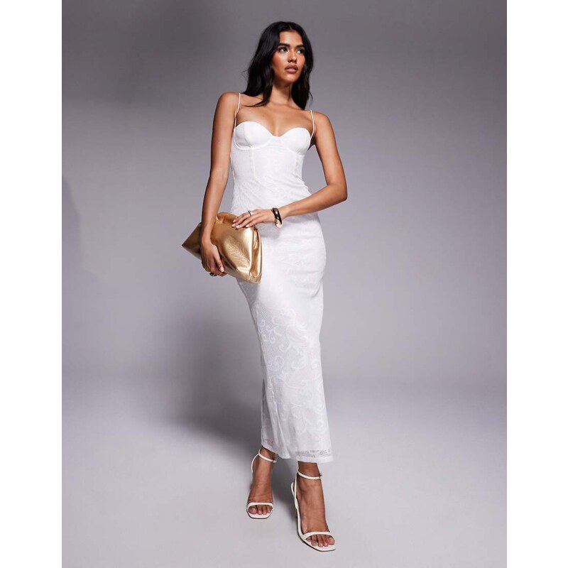 ASOS DESIGN cup detail embroidered crochet midi dress in cream