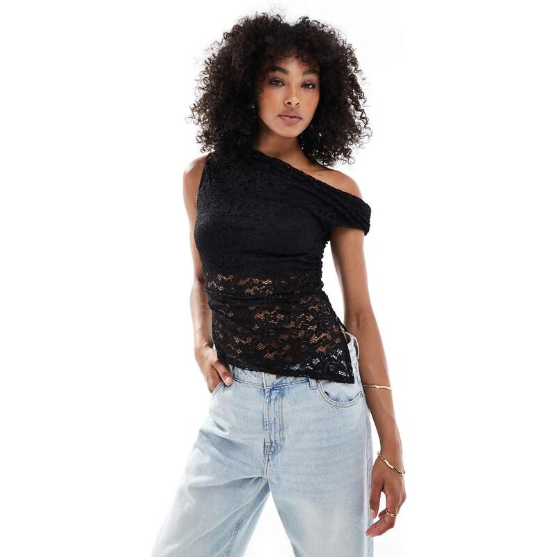 New Look fallen shoulder lace top in black