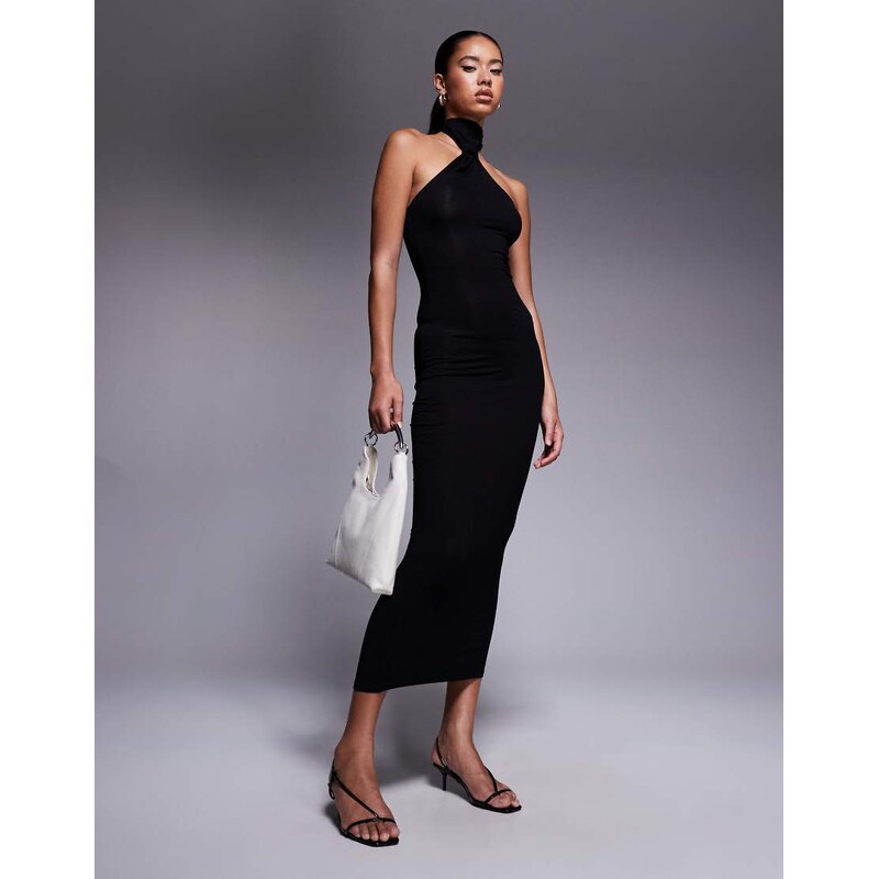 ASOS DESIGN knotted asymmetric high neck midi dress in black