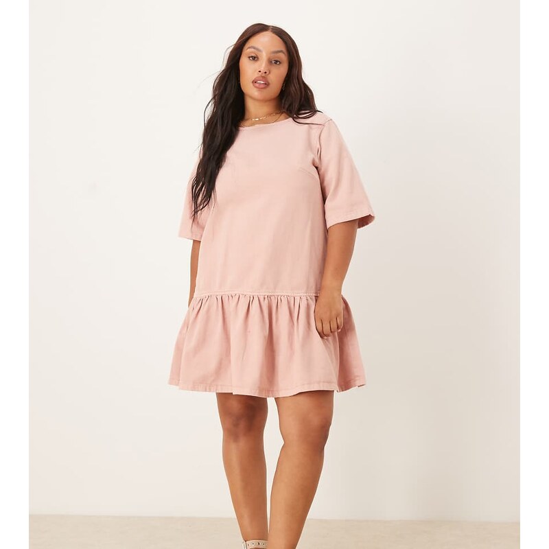ASOS DESIGN Curve denim t-shirt mini dress with drop waist in pink 107401067
