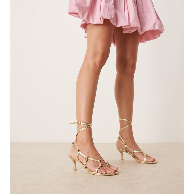 RAID Wide Fit Danika tie leg heeled sandals with metal detail in gold 107408882