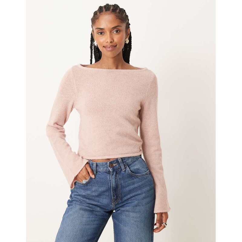 ASOS DESIGN knitted relaxed slash neck top in light pink 107431749
