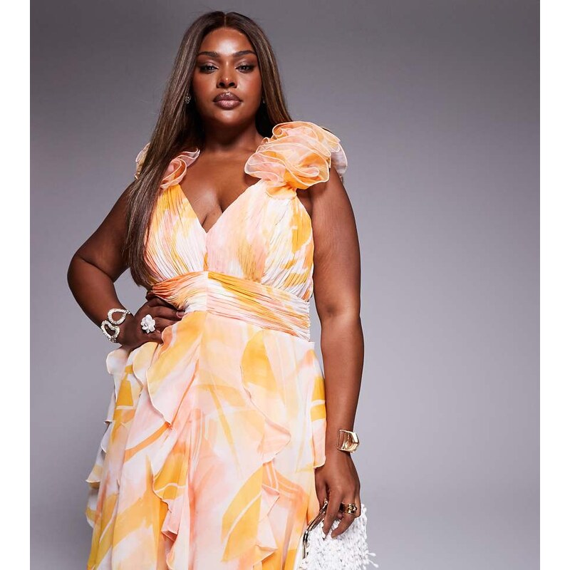 ASOS LUXE Curve organza ruched mini dress in apricot print-Orange 107408811