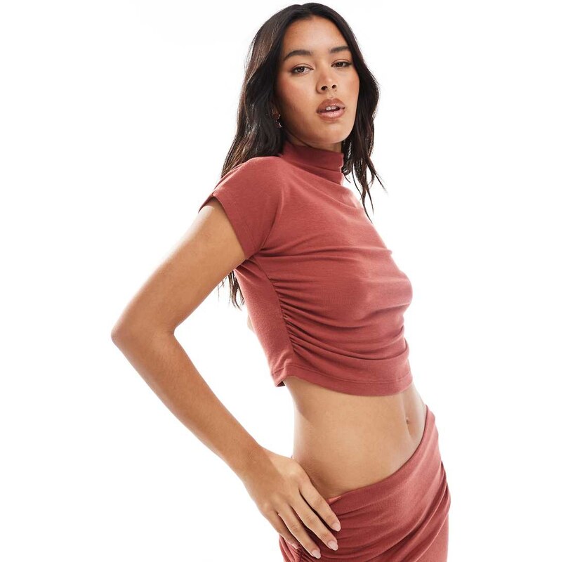 4th & Reckless ruched side high neck short sleeve top co-ord in rust 114309394