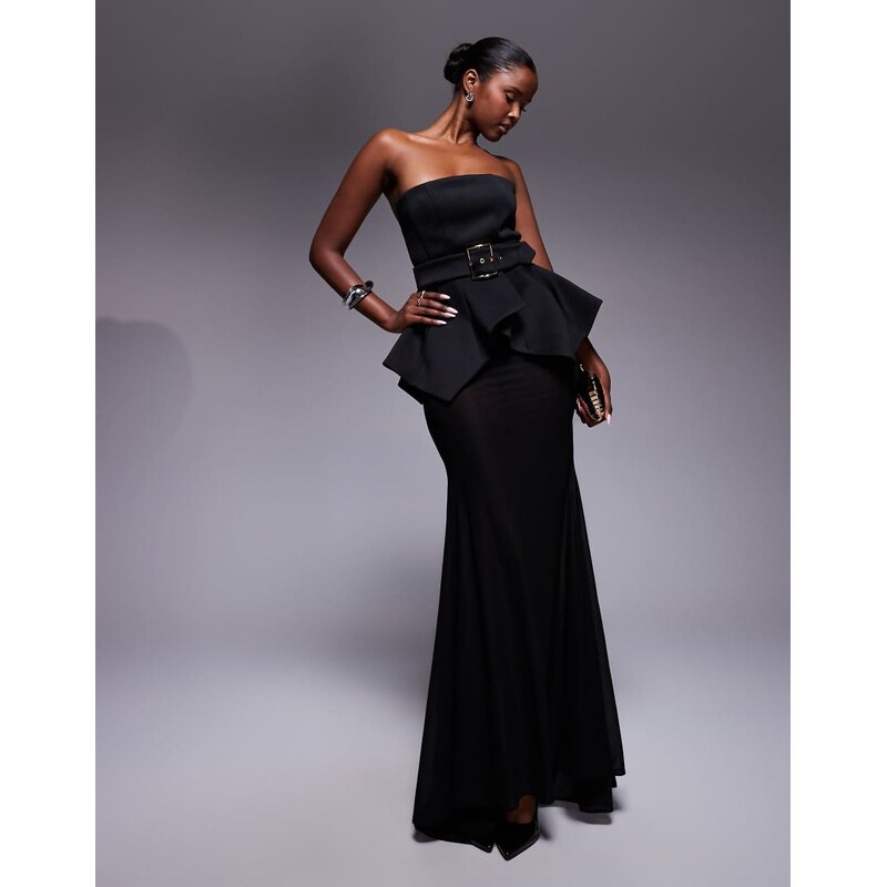ASOS DESIGN Premium bodice maxi dress with cinched belt detail and sheer skirt in black scuba-style fabric