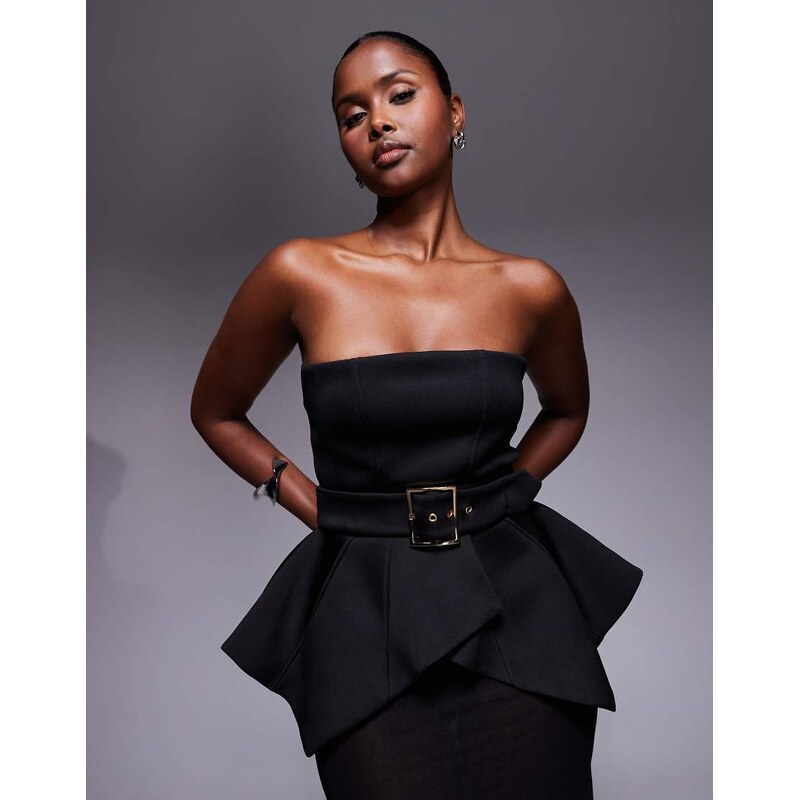 ASOS DESIGN Premium bodice maxi dress with cinched belt detail and sheer skirt in black scuba-style fabric
