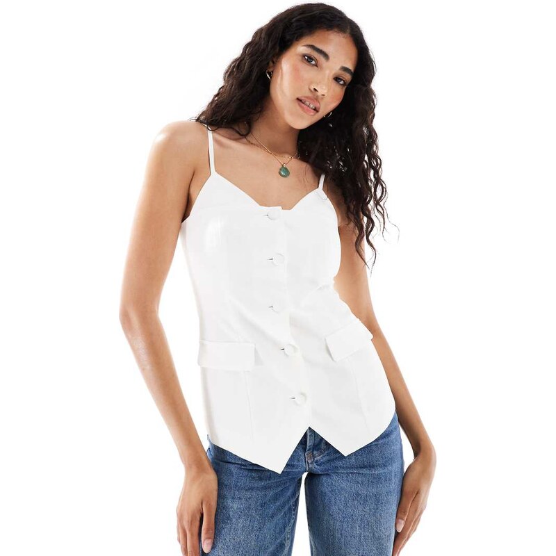 Miss Selfridge tailored button up top with tie straps co-ord in white 107408797