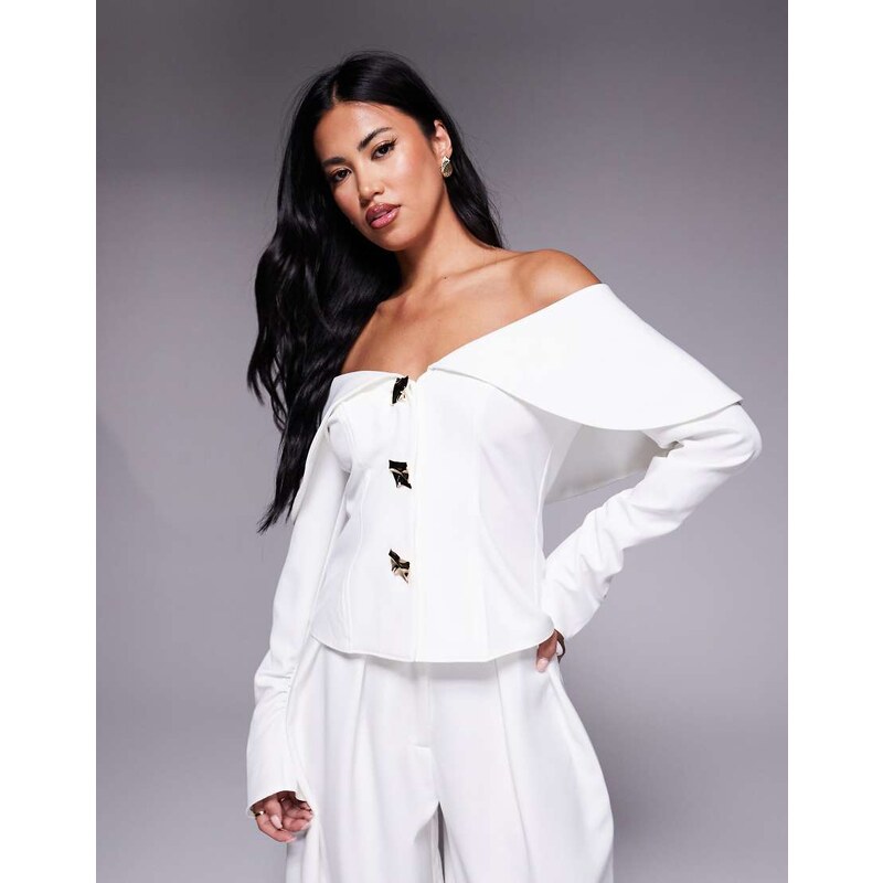 ASOS LUXE off shoulder blazer with gold hardware co-ord in ivory-White 107408863
