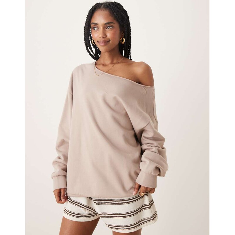 ASOS DESIGN oversized off shoulder sweatshirt in mink-White 110842122