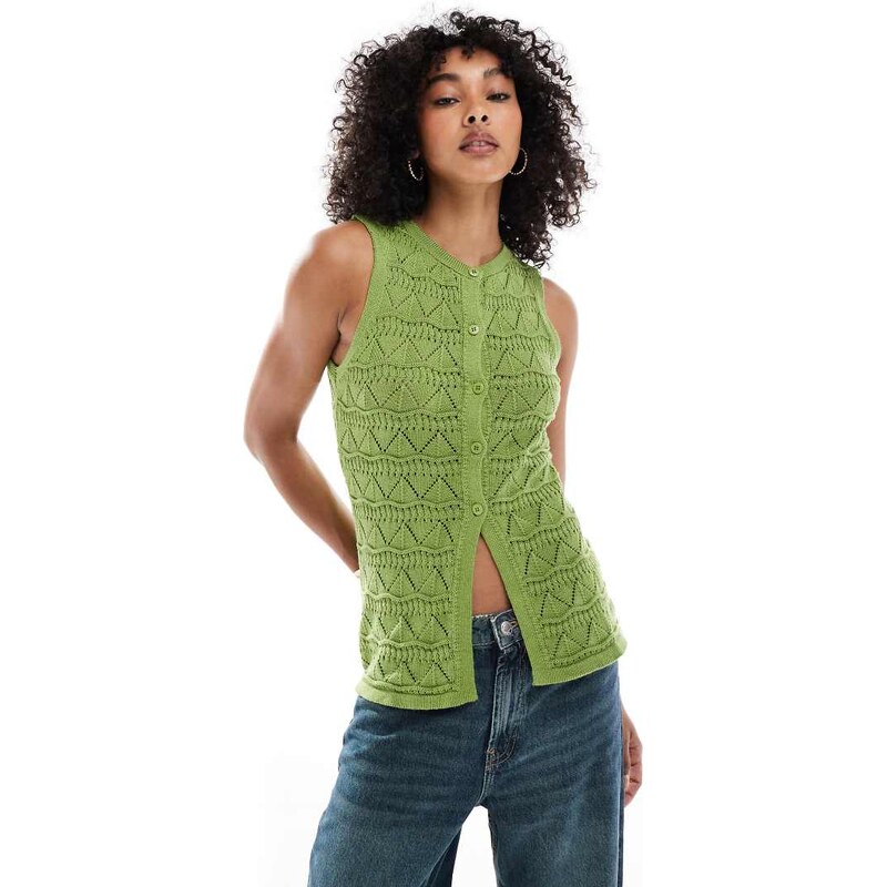 ASOS DESIGN knitted lace stitch waistcoat in green 111097158