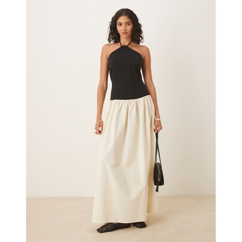 ASOS DESIGN halter neck dropped waist maxi in black and white colourblock-Multi