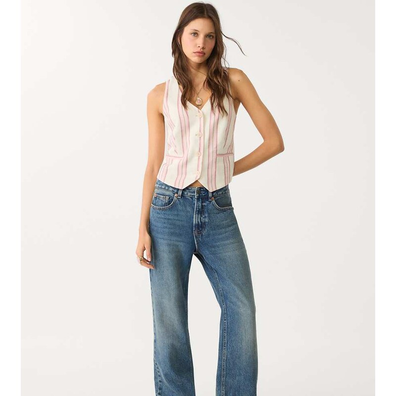 Stradivarius Petite d92 straight wide-leg jeans in very dark/rinse 107409011