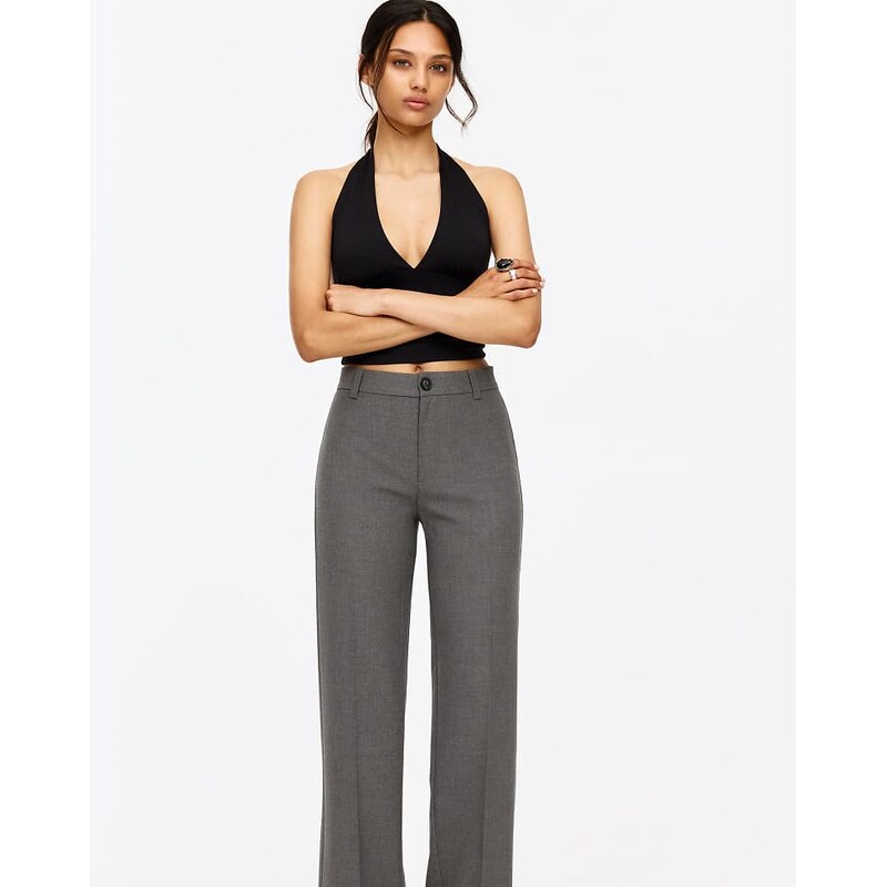 Pull&Bear Petite smart high-waist straight-leg trousers in grey 107408982