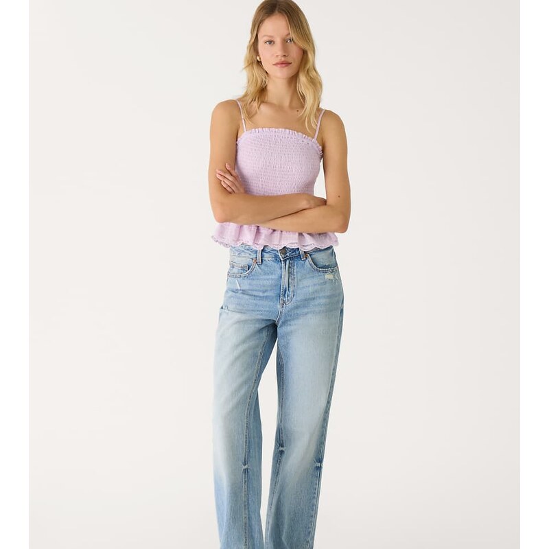 Stradivarius Petite d92 straight wide-leg jeans in blue deni 107408972