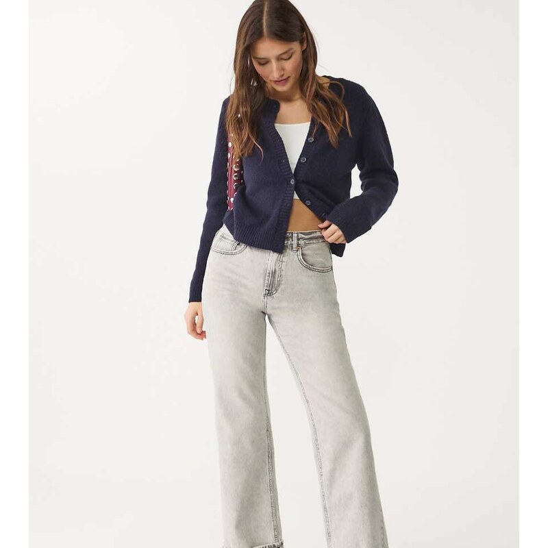 Stradivarius Petite d92 straight wide-leg jeans in light grey 107408975