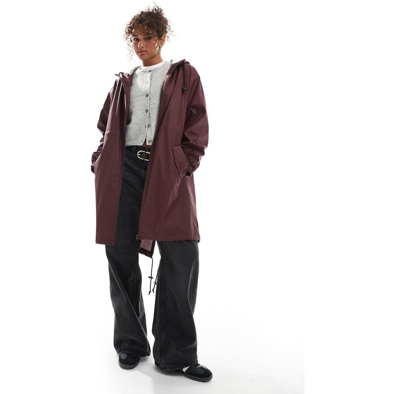 ASOS DESIGN contrast detail rubberised rain parka in burgundy