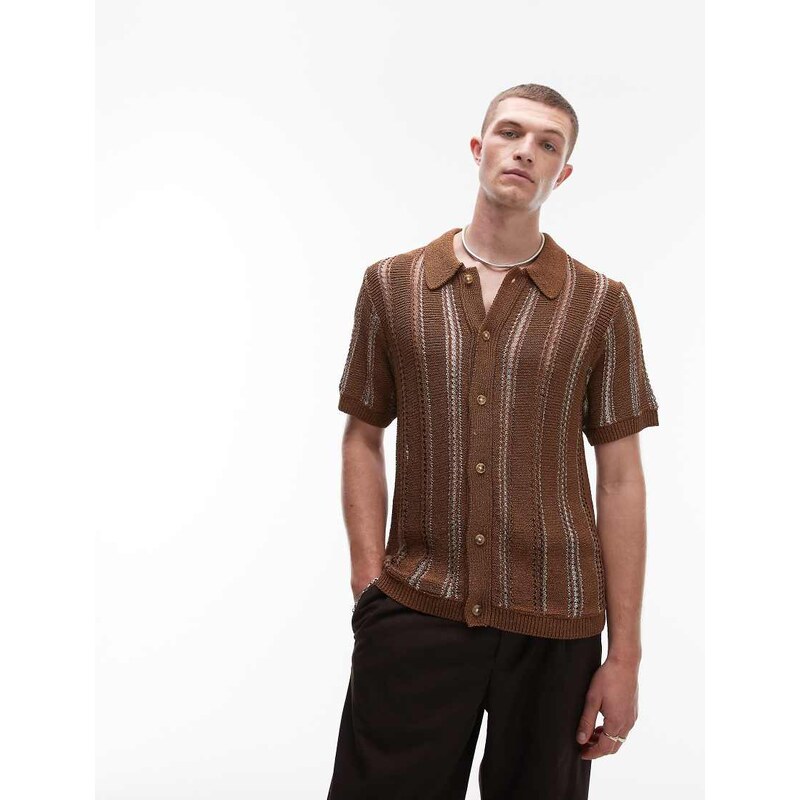 Topman knitted viscose button through polo with metallic stripe