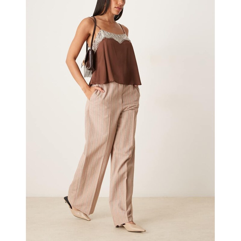 ASOS DESIGN relaxed straight leg trousers with linen in mink stripe 114807295