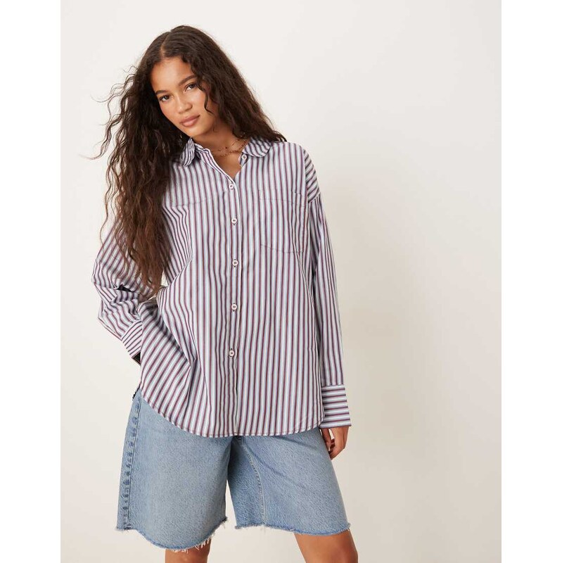 AWARE oversized boyfriend fit oxford shirt in blue and burgundy stripe 107765197