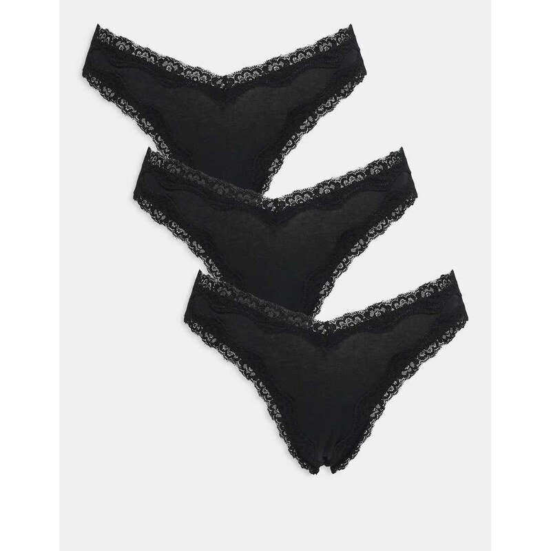 ASOS DESIGN 3 pack cotton v front high leg thong with lace trim in 107695657