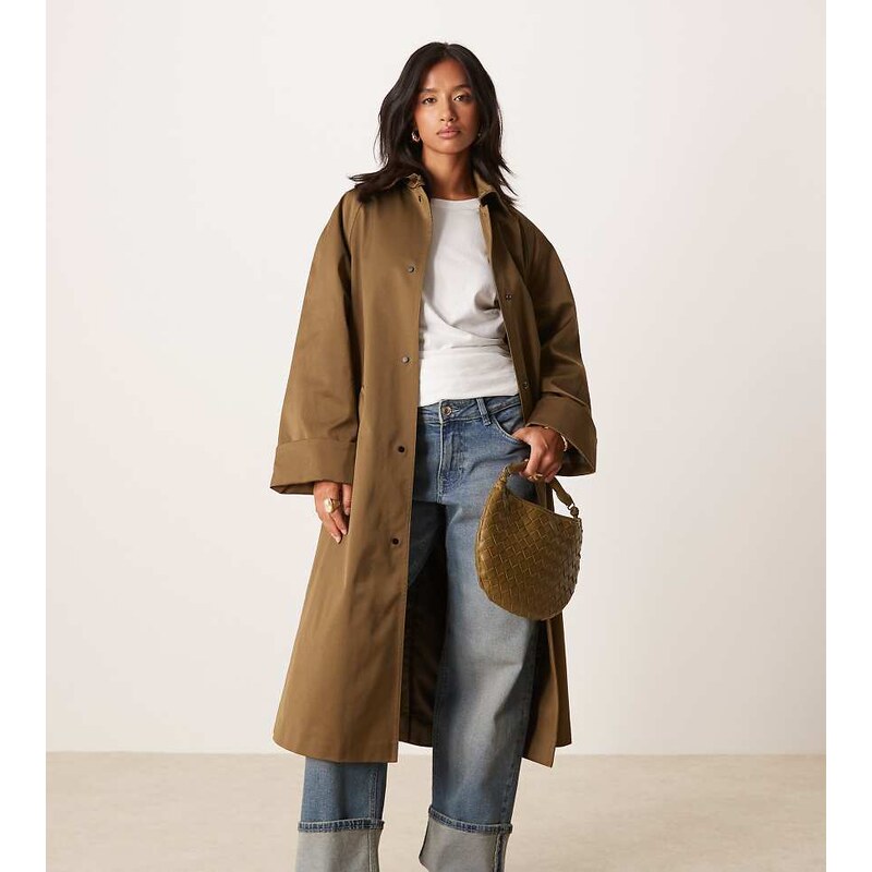ASOS Petite ASOS DESIGN Petite longline trench khaki-Green 107431592