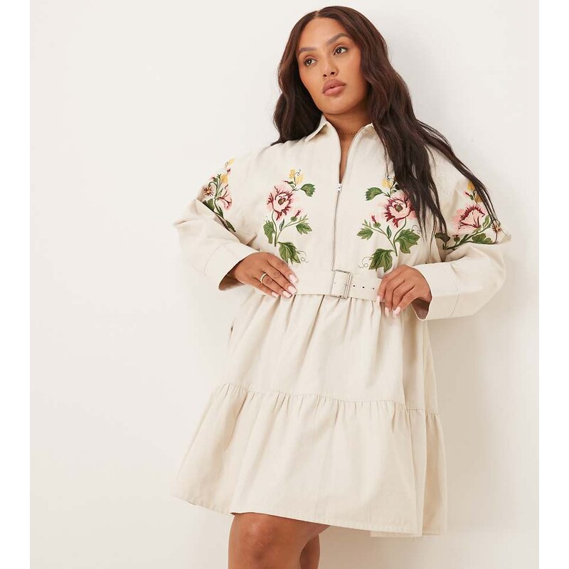 ASOS Curve ASOS DESIGN Curve zip through twill mini shirt dress with 111045841