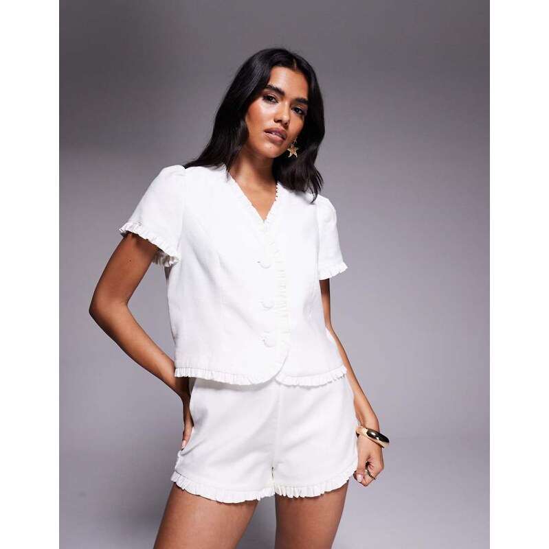 River Island button front frill detail top co-ord in white 107423636