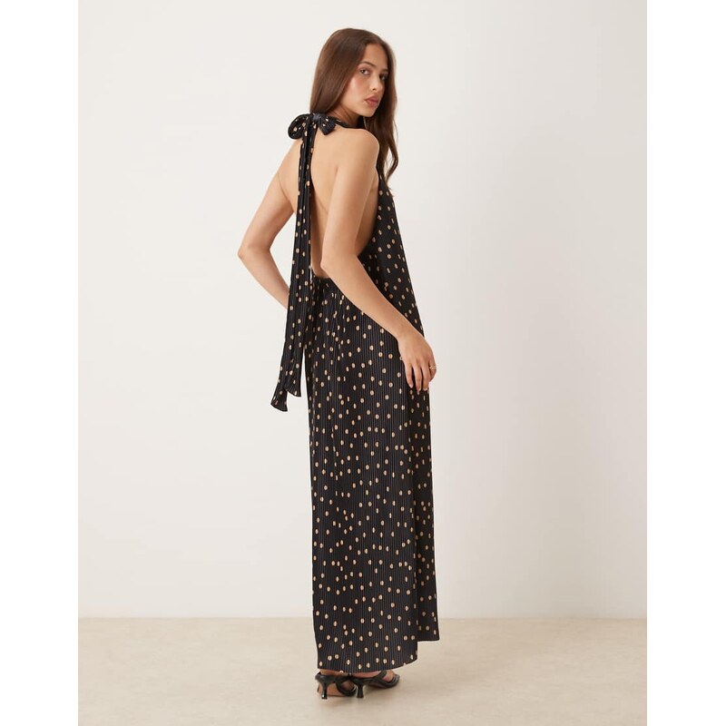 ASOS DESIGN plisse halter maxi dress in black with chocolate