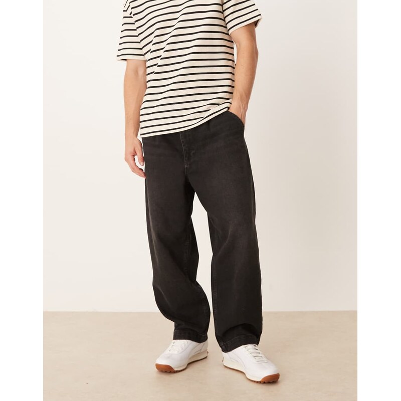 ASOS DESIGN relaxed tapered pleated jeans in washed black