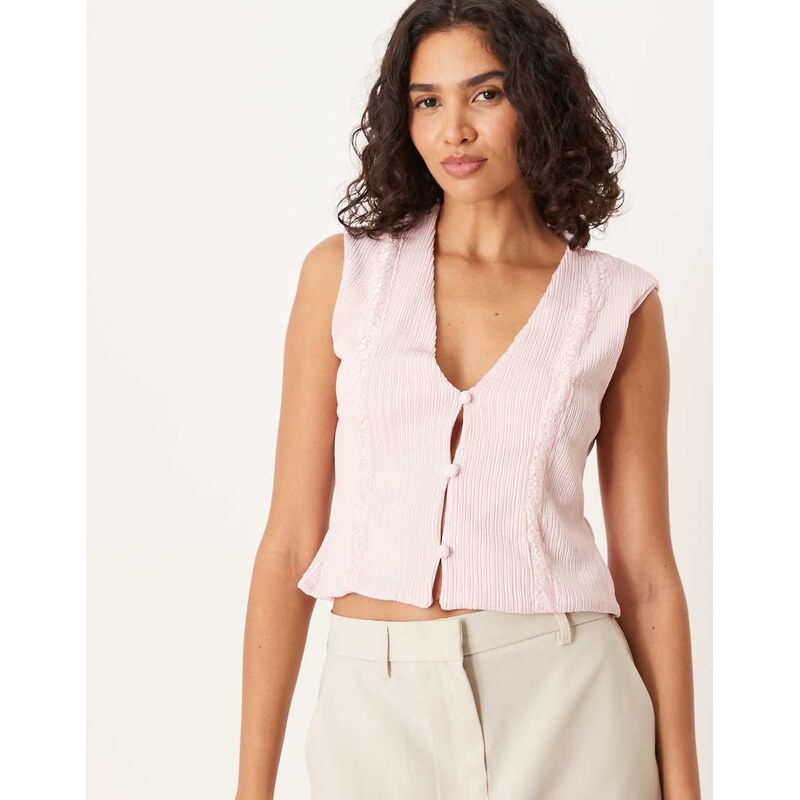 ASOS DESIGN ripple pleat lace trim waistcoat in baby pink-White