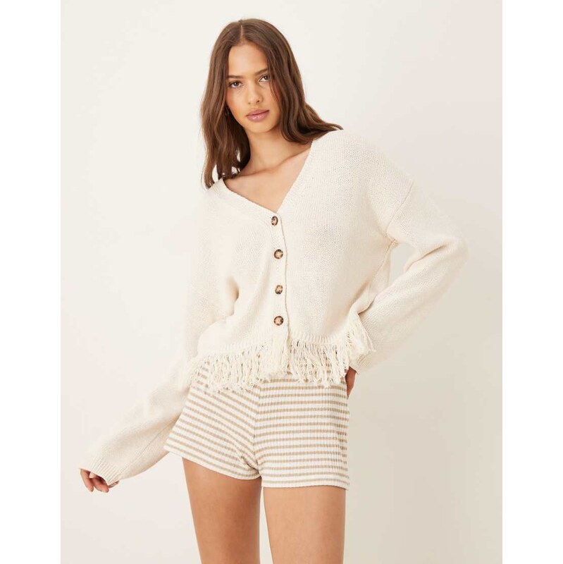 ASOS DESIGN fringe hem cardigan in cream-White 107426717