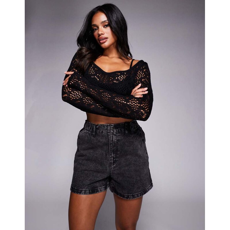 Missyempire denim elasticated paperbag high waist shorts in washed 107551121